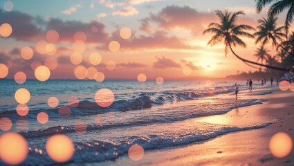 Wall Mural - sunset over tropical beach with gentle waves and silhouettes of palm trees at golden hour
