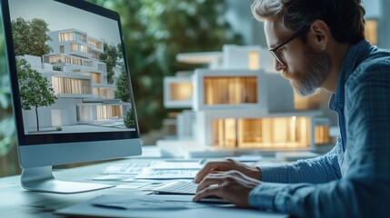 Fototapete - Professional architect working on digital model of modern building with computer in contemporary office, greenery in background, focus on design details