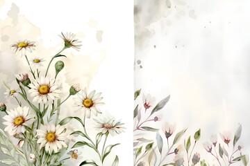Aufkleber - on the right is a botanical watercolor illustration of daisy branches with white and pink flowers and green leaves on a white background with a free space on the left