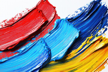 Poster - Macro shot capturing the texture of vibrant red, blue, and yellow paint strokes applied on a white canvas, creating a colorful abstract design, studio shot.