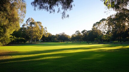 Poster - Golden sunlight bathes the expansive green lawn of a tranquil park, where trees stand tall casting soft shadows. Visitors enjoy a peaceful afternoon, immersed in nature's beauty