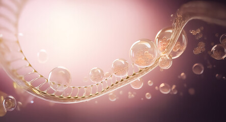 Aufkleber - Abstract depiction of a golden spiral structure adorned with transparent spheres, some containing granular particles, against a soft pink backdrop.