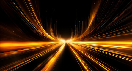 Leinwandbilder - Abstract golden light streams converge from dark space, creating a sense of motion and futuristic energy towards a bright central point.