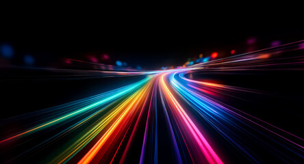 Poster - Vibrant streaks of rainbow colors illuminate the dark background, creating a sense of speed and motion with long exposure light trails.