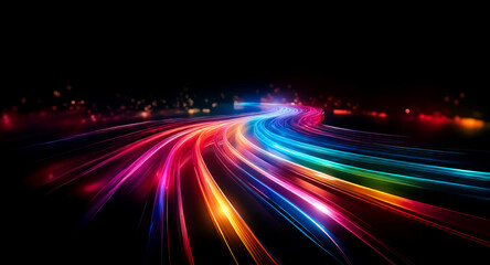 Poster - Colorful light streaks paint a vibrant path against the darkness, creating an abstract design.  Motion blur captures the speed and energy of luminous trails in a dynamic composition.