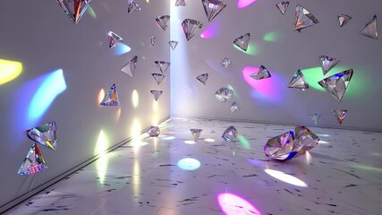 Poster - Crystal shapes hang from the ceiling, casting vibrant light patterns on the floor in an artistic indoor location