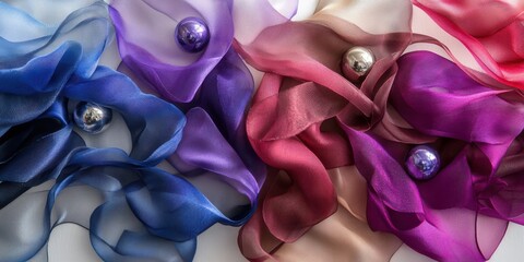 Poster - Colorful fabric swirls and metallic balls creating an abstract artistic pattern concept