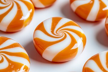 Poster - A background of caramel hard candies with white stripes, showcasing the creamy texture and rich color of each candy. The pattern is dense and symmetrical, creating an attractive visual effect