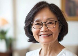 Canvas Print - An Asian senior woman smiling, with a living room background, a light color theme, a bright and clean white space with a blurred background, in a professional photography style, 