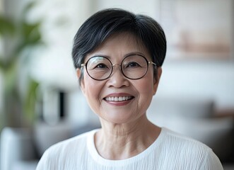 Canvas Print - An Asian senior woman smiling, with a living room background, a light color theme, a bright and clean white space with a blurred background, in a professional photography style, 