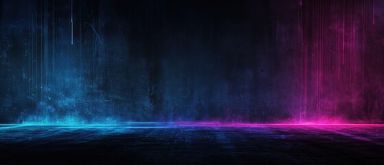 Poster - Abstract neon background with blue and pink light effects on dark concrete wall and floor, creating a futuristic and atmospheric stage