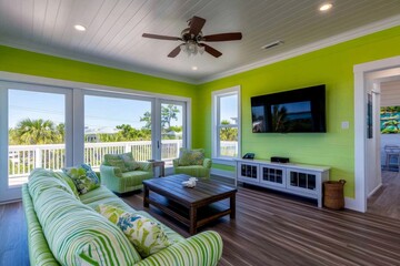 Poster - A bright living room with light green walls, a white ceiling, and a wooden floor, featuring two sofas in the center, with an LED TV hanging on one wall. The sofas have different styles. There