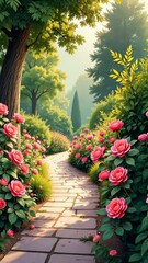 Poster - A path with pink flowers and a tree. The path is made of bricks