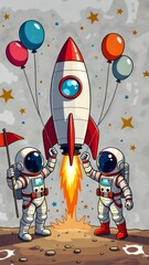 Aufkleber - Two astronauts are holding a rocket and a flag. The flag is red and white