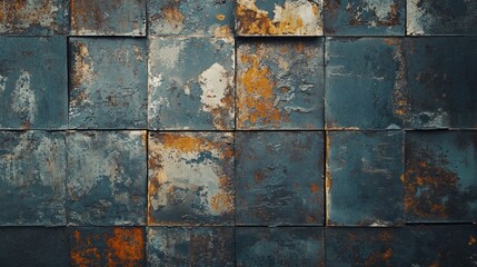Poster - An array of rusted metal plates forms a captivating patchwork of blues, oranges, and browns. Each panel tells a story of decay and resilience in an urban environment