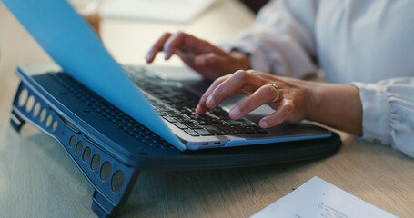 Aufkleber - Hands, typing and laptop on workstation in office, productivity and online research or planning a project. Business person, writing and editor of company website or blog and creativity on computer