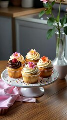 Poster - A white cake stand with four cupcakes on it. The cupcakes are decorated with pink and yellow frosting and have flowers on top