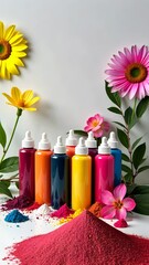 Poster - A row of colorful bottles of paint are on a table next to some flowers. The bottles are of different colors and sizes