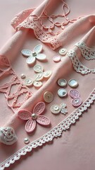 Poster - A pink fabric with white flowers and buttons on it. The flowers are made of lace and the buttons are white