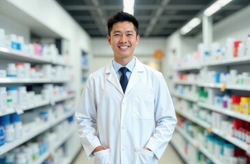 Smiling pharmacist in white coat assists customers in modern pharmacy during busy day