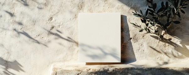 Fototapete - Soft shadows cast on a blank card with branches on a textured fabric surface during golden hour light