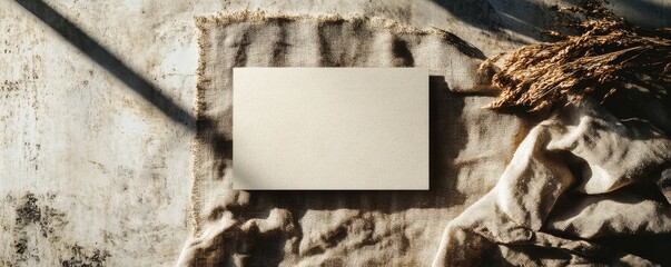 Fototapete - Soft shadows cast on a blank card with branches on a textured fabric surface during golden hour light