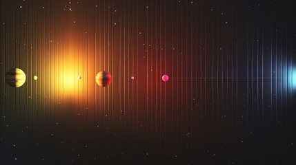 Poster - A futuristic, abstract depiction of a solar system with planets lined up in a row.