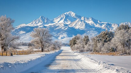 Poster - A serene snow-covered road stretches toward towering snow-capped peaks. The landscape is adorned with frost-laden trees, offering a tranquil winter escape