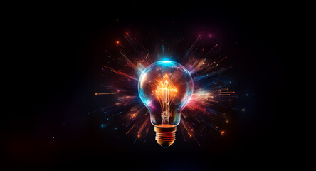 Poster - Illuminated light bulb radiates vibrant energy, bursting with colorful sparks against a stark black backdrop.  A symbol of bright ideas and innovation.