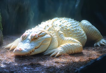 Poster - Majestic White Alligator Relaxing in Dim Light on Natural Habitat Floor Surrounded by Soft Textured Ground and Lush Greenery for Wildlife Photography