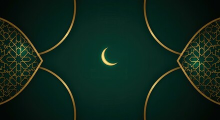 Poster - Geometric Elegance: A sophisticated pattern featuring golden embellishments and a radiant crescent moon against a rich emerald backdrop, exuding a sense of serenity, beauty and celebration.