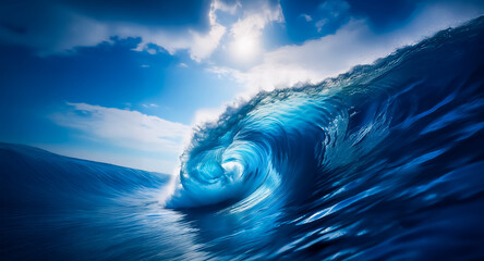 Poster - A powerful ocean wave curls under a bright sun and cloudy blue sky.  The water is deep blue and reflects the sunlight, creating a dynamic and energetic scene.