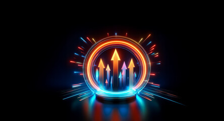 Aufkleber - Circular portal with glowing arrows pointing upwards, radiating bright beams on a dark backdrop.  Orange and blue lights illuminate the futuristic design.