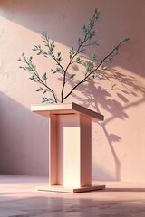 Poster - minimalist interior decor featuring a wooden pedestal with a single branch in a softly lit room