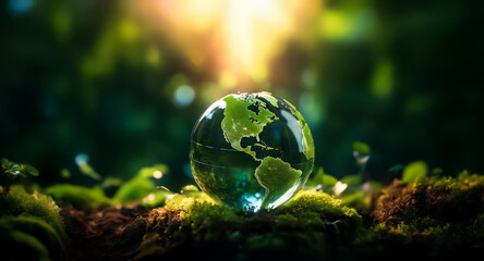 Poster - A delicate glass globe showing the Americas rests on mossy earth, illuminated by sunlight filtering through vibrant green foliage. A peaceful nature scene.