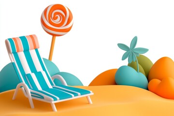 Fototapete - A normal illustration depicting an orange and teal candy-themed landscape, featuring striped beach chairs, giant lollipops, circular waterfalls, greenery, sand dunes, and palm trees. The design