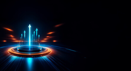 Poster - A circular platform with orange highlights illuminates as bright blue arrows ascend against a dark background. Streaks of light radiate, suggesting movement and advancement.