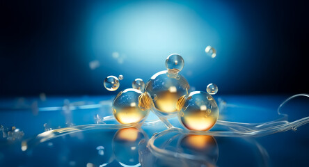 Aufkleber - transparent spheres filled with golden liquid rest on a blue reflective plane against a dark blue ba