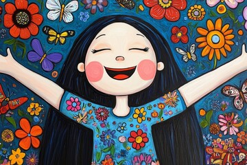 Poster - A painting of an Asian girl with her arms outstretched, laughing joyfully in the midst of colorful flowers and butterflies. The background is filled with vibrant colors, creating a lively atmosphere