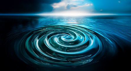 Aufkleber - A dark, swirling water vortex dominates the scene as a bright light source appears over the horizon beneath a cloudy night sky, creating an eerie and mysterious atmosphere.