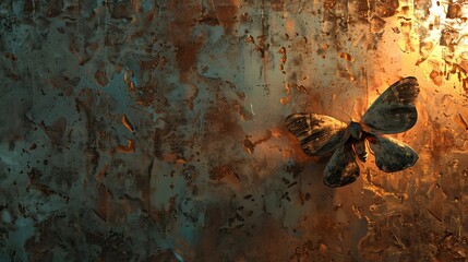 Wall Mural - a moth with patterned wings sits on a textured surface with a warm orange glow behind it.