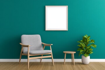 Poster - A photo of an empty frame mockup hanging on the wall in a Scandinavian living room with wooden furniture and teal walls, showcasing natural light from large windows. The chair is made of grey