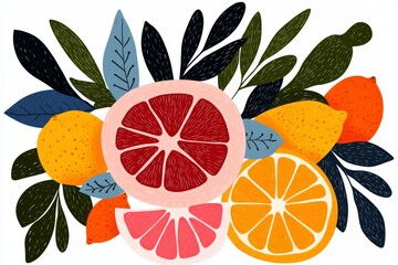 Wall Mural - A pile of citrus fruits, with oranges and lemons on the left side and grapefruits in between them, with green leaves on top, isolated on a white background, in a clipart style, vector illustration,