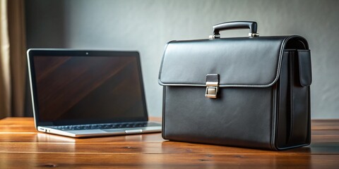 Poster - Black Briefcase on Desk with Laptop - Business Concept Stock Photo