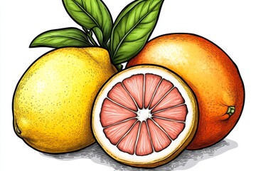 Wall Mural - A pile of citrus fruits, with oranges and lemons on the left side and grapefruits in between them, with green leaves on top, isolated on a white background, in a clipart style, vector illustration,
