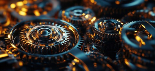 Poster - Intricate arrangement of metallic gears showcasing precision engineering and craftsmanship, copy space for text