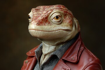 Poster - A red and white lizard in a suit, a portrait photo, wearing a red leather jacket, against a dark background, in an elegant and formal style, with a cartoon realism aesthetic, featuring light