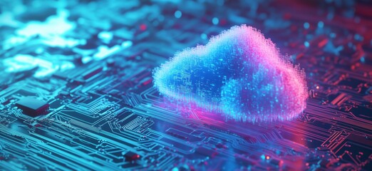 Poster - Digital cloud computing concept with vibrant colors and circuit board background, copy space for text