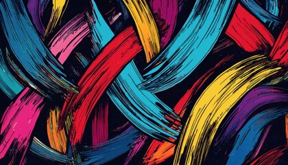 Aufkleber - vibrant abstract brushstroke pattern with colorful flowing curves in yellow, blue, pink, and purple on a dark background

