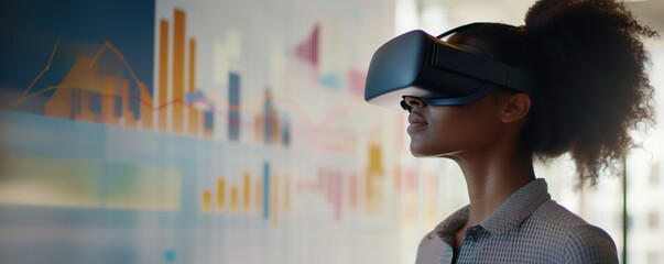 Poster - Woman using virtual reality headset in modern office environment with data visualization, copy space for text